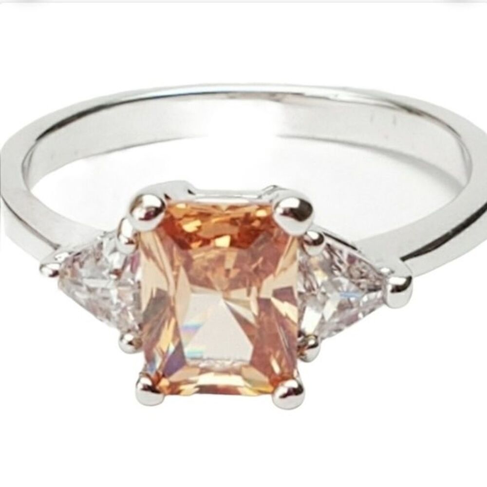Silver Amber Cocktail Ring size 9 Cubic Zirconia Fashion Jewelry NWT